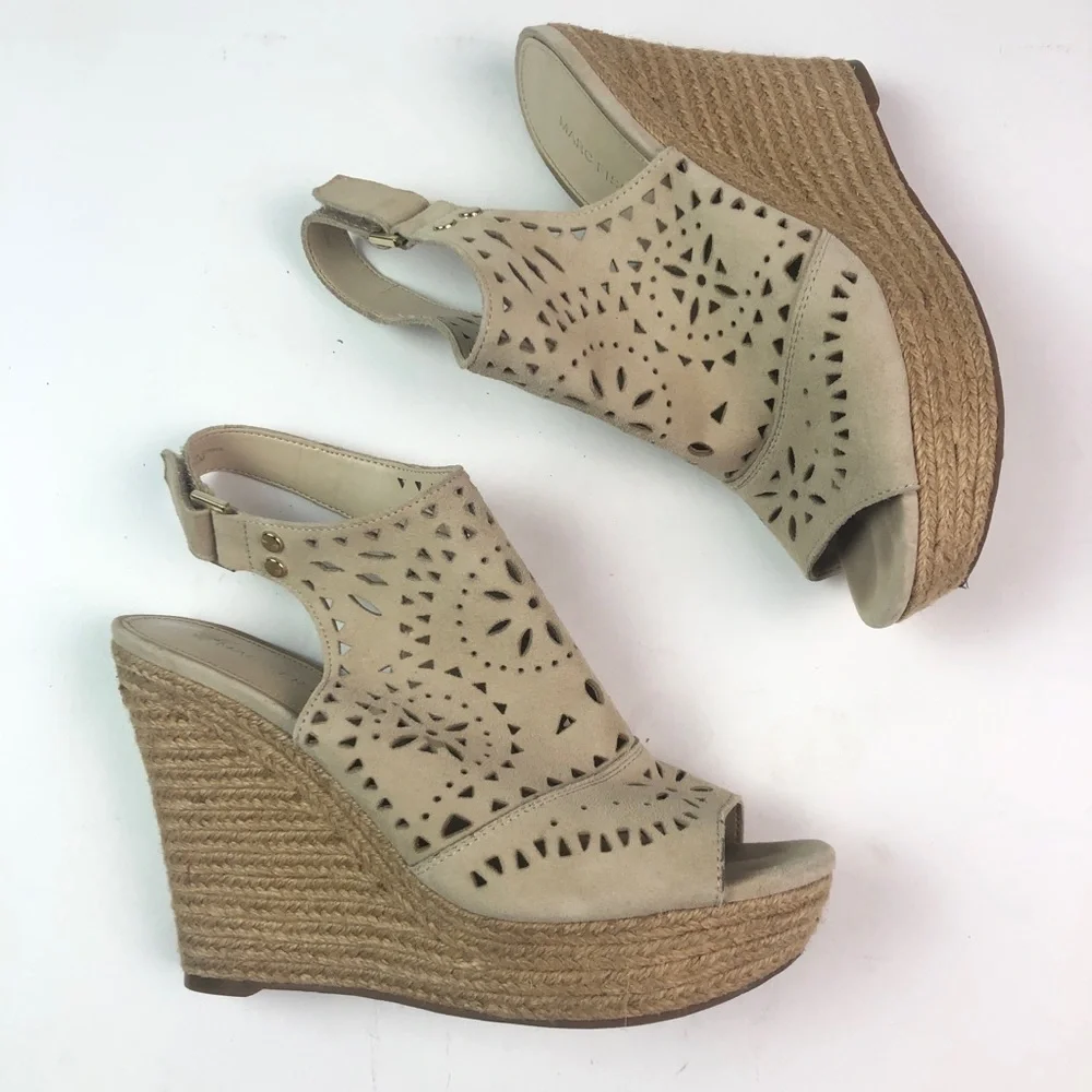 Marc Fisher Harlea Perforated Suede Wedge Espadrille Sandals beige tan neutral